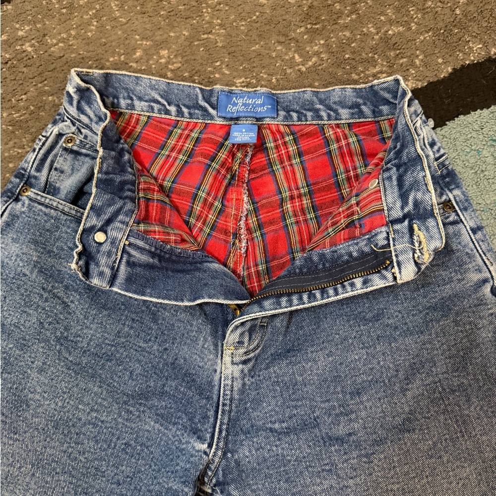 Natural Reflections High Rise Blue Jeans with Red Plaid Lining